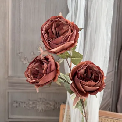 27'' Brown Faux Dried Look Silk Austin Rose Autumn Flower Stem