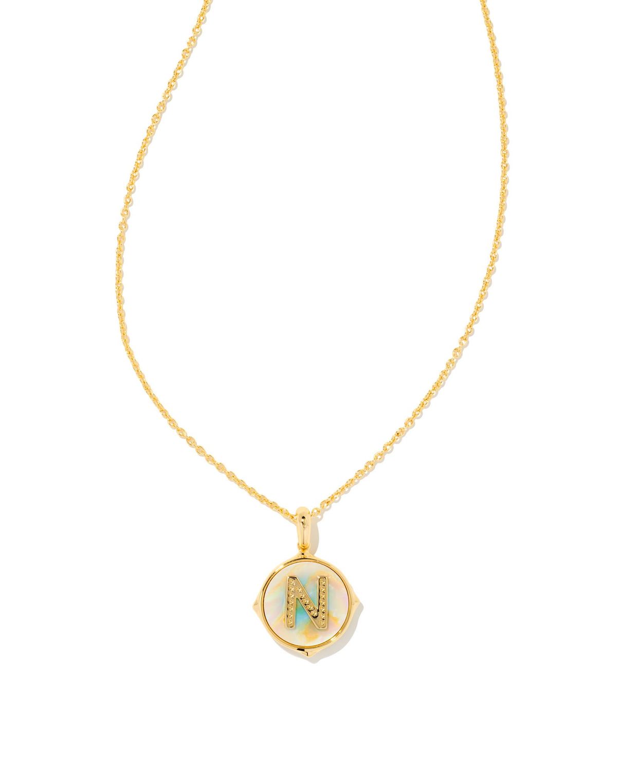 LETTER N DISC PENDANT NECKLACE, Color: GOLD IRIDESCENT ABALONE, Size: ONE SIZE