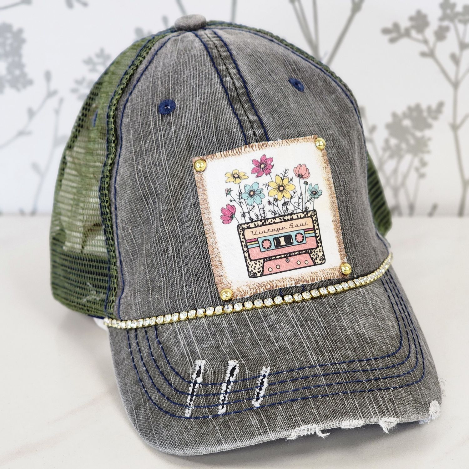 VINTAGE SOUL BLING DISTRESSED BALL CAP, Color: BLACK/GREEN