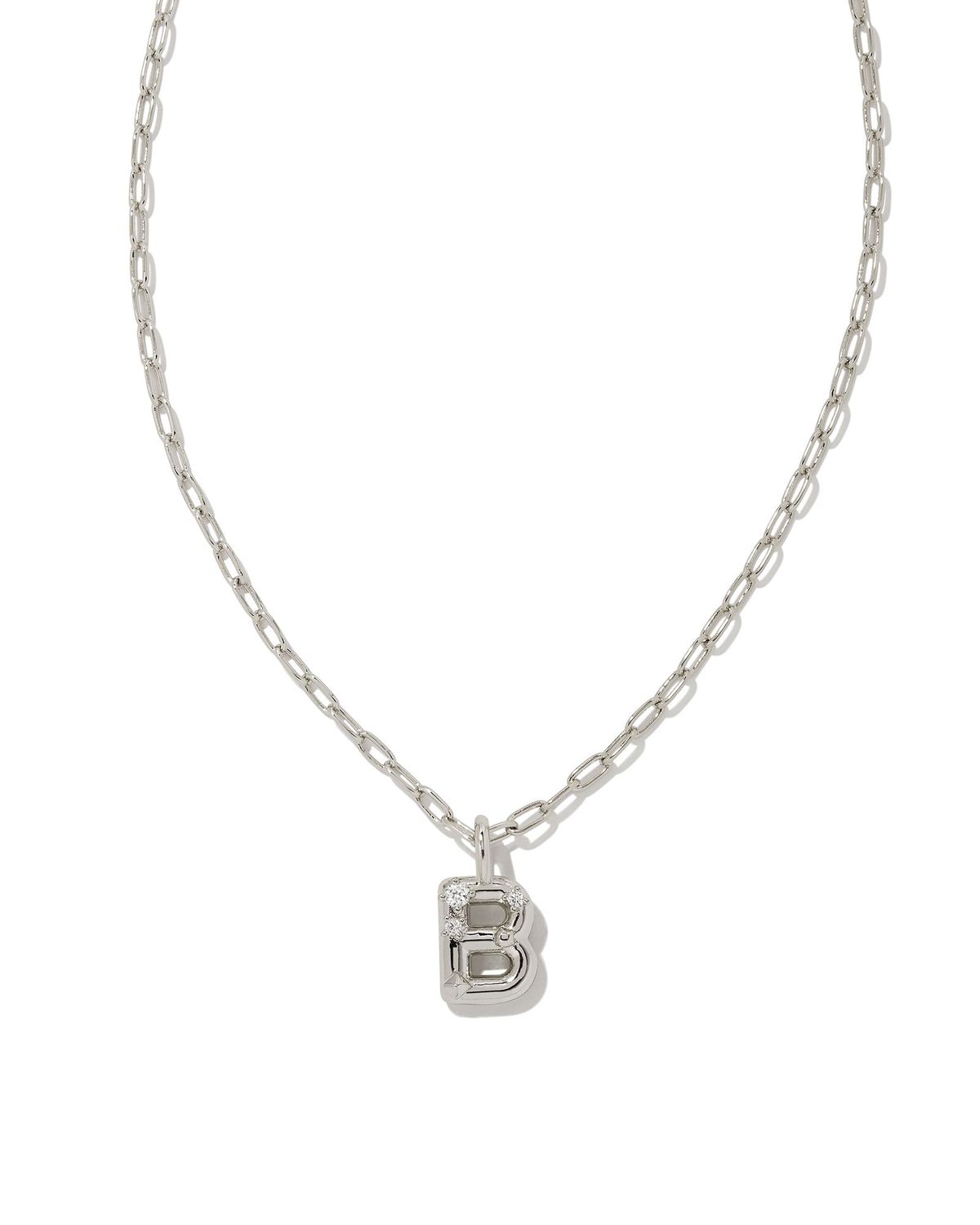 CRYSTAL LETTER B SHORT PENDANT NECKLACE, Color: SILVER WHITE CZ, Size: ONE SIZE