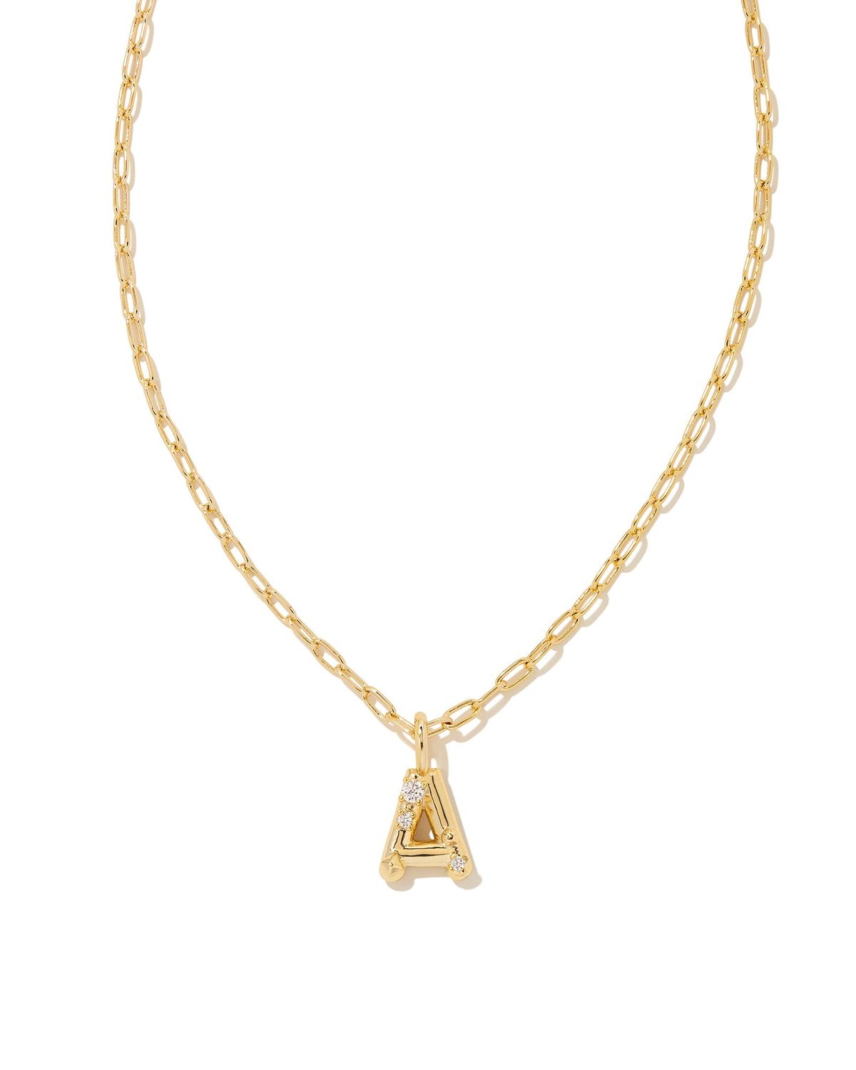 CRYSTAL LETTER A SHORT PENDANT NECKLACE, Color: GOLD WHITE CZ, Size: ONE SIZE