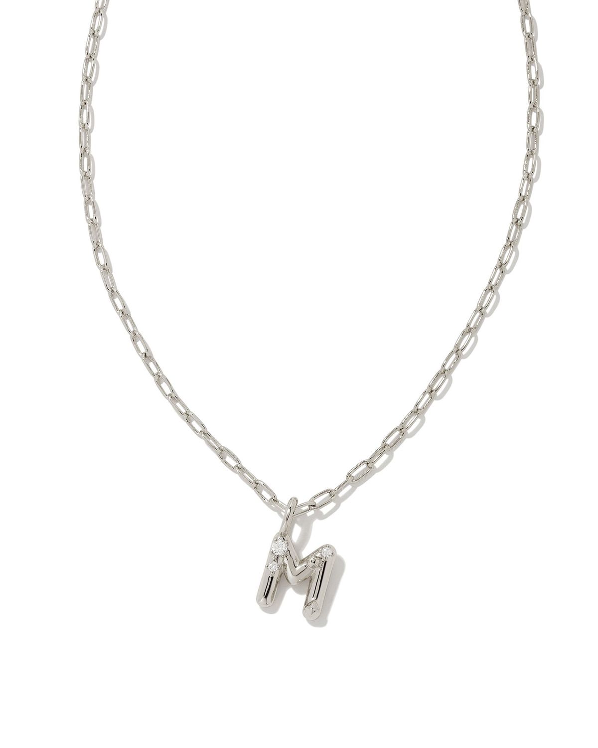 CRYSTAL LETTER M SHORT PENDANT NECKLACE, Color: SILVER WHITE CZ, Size: ONE SIZE