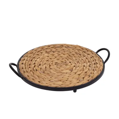 16" Round Grass &amp; Metal Tray w/Handles