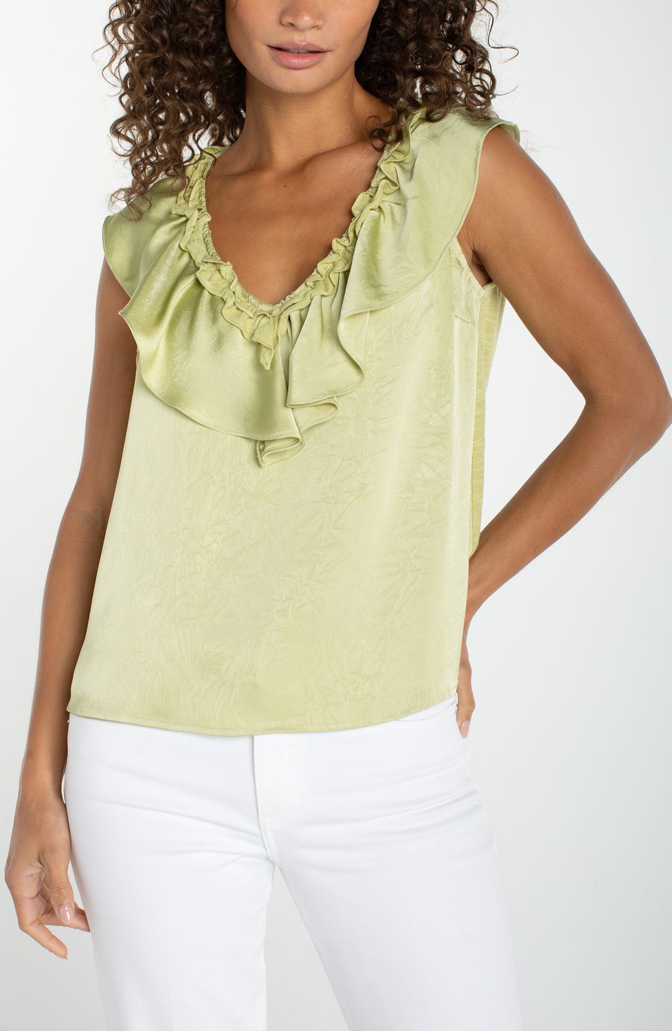Ruffle Front Sleeveless Woven to Knit Top