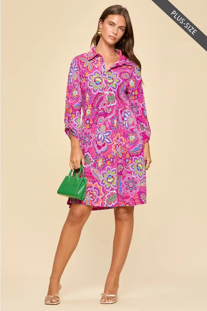 PLUS SIZE Floral Print Collared Shirt Dress w/ Pockets