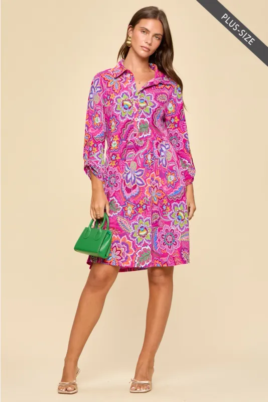 PLUS SIZE Floral Print Collared Shirt Dress w/ Pockets