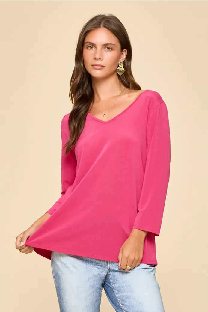 Classic Wrinkle-Free V-Neck Top, Color: HOT PINK, Size: MEDIUM