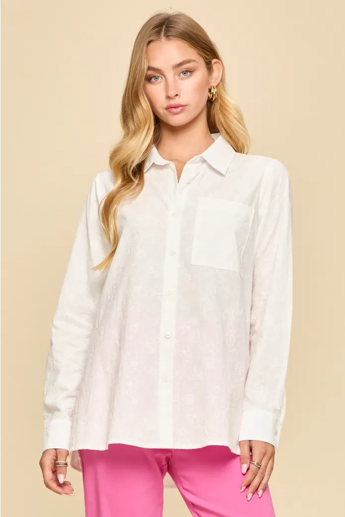 Embroidered Button-Up Blouse, Color: OFF WHITE, Size: SMALL