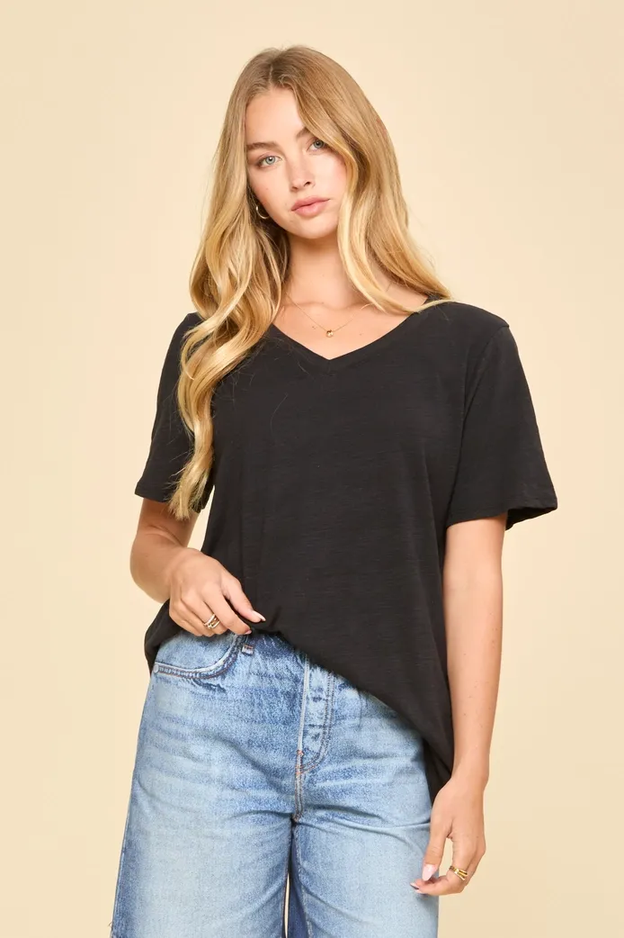 Everyday Essential Cotton V-Neck Knit Top, Color: BLACK, Size: LARGE