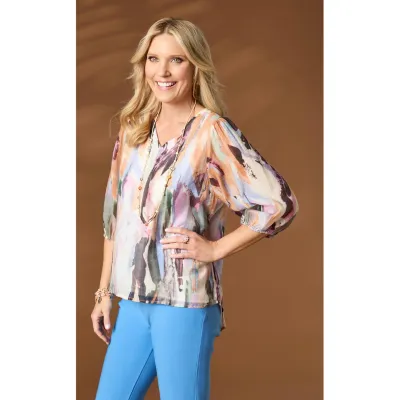 Corey Printed Elbow Sleeve V-Neck Top