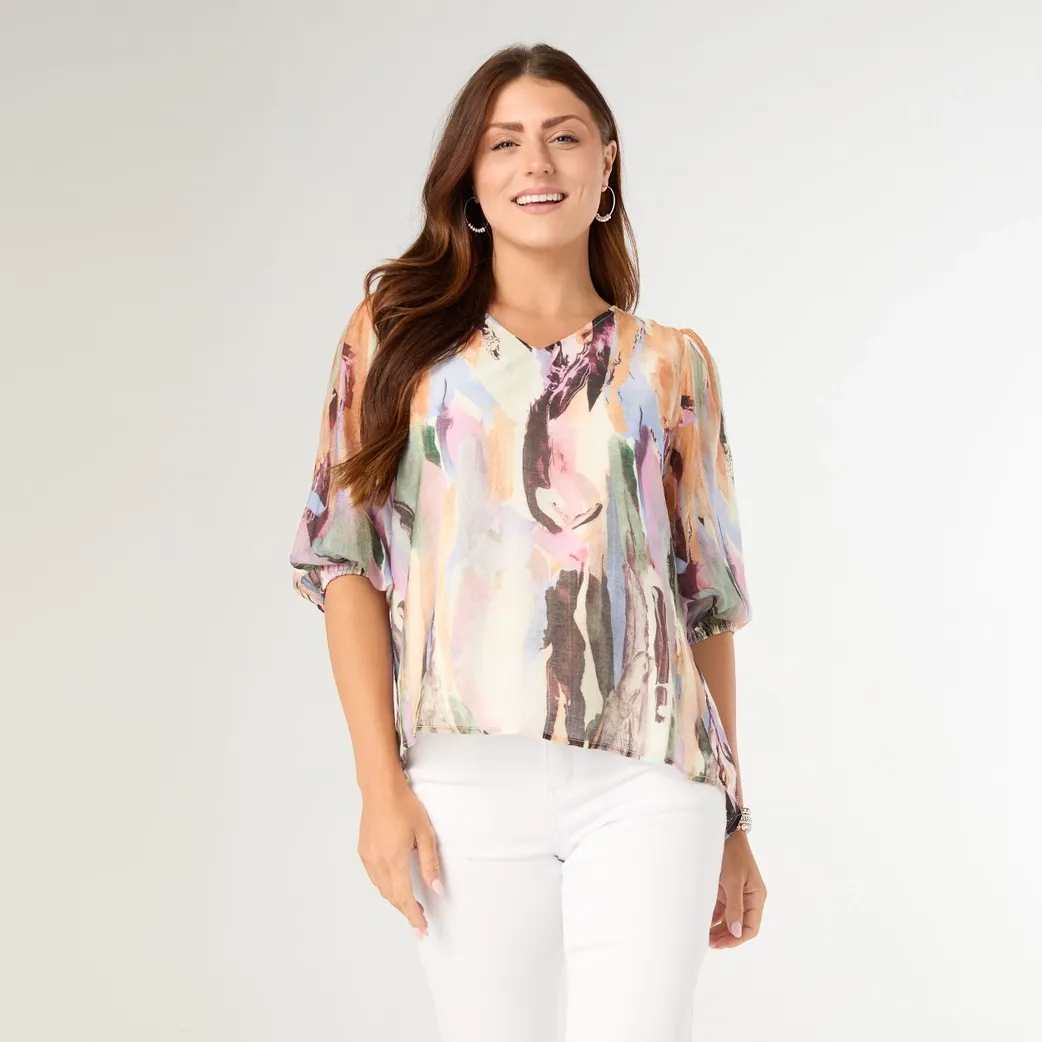 Corey Printed Elbow Sleeve V-Neck Top