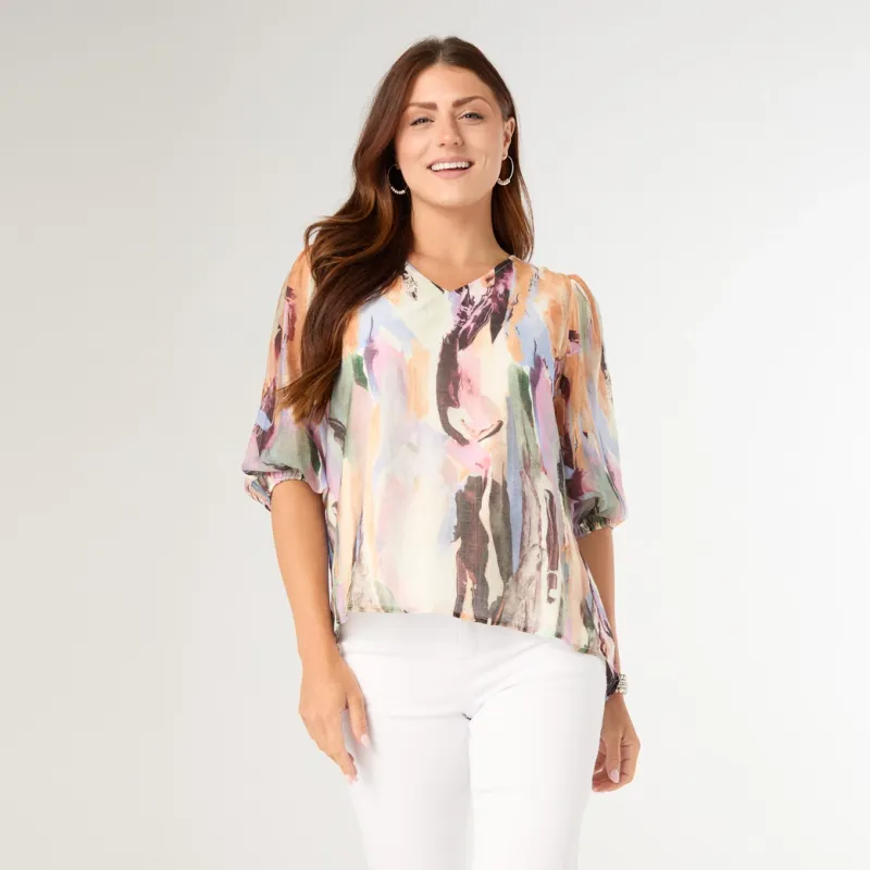 Corey Printed Elbow Sleeve V-Neck Top