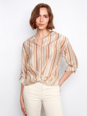 Printed Roll Sleeve Split Neck Blouse