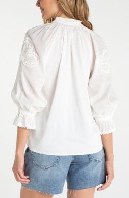 3/4 Sleeve Button Front Woven Top w/Embroidery