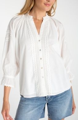 3/4 Sleeve Button Front Woven Top w/Embroidery