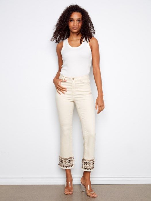 Cropped Twill Pants w/Embroidery