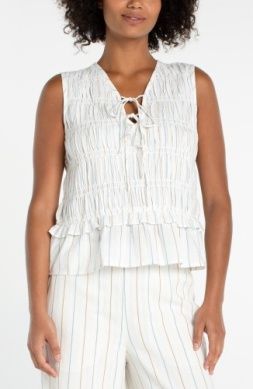 Sleeveless Tie Front Woven Top w/Smocking