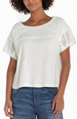 Short Sleeve Dolman Boat Neck Knit Top w/Lace