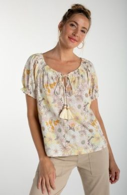 Short Sleeve Tie Neck Woven Top