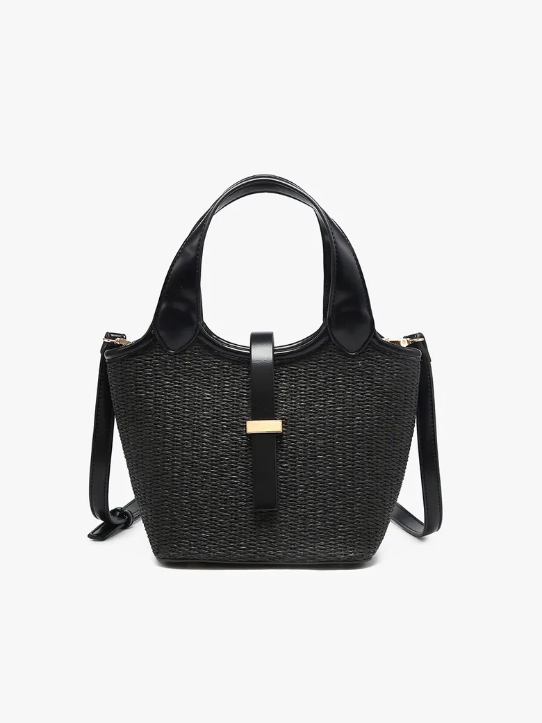 Serenity Straw Bucket Bag w/ Dual Handles &amp; Strap Closure-Black