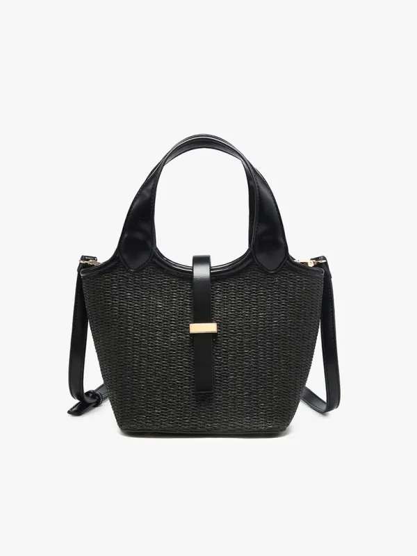 Serenity Straw Bucket Bag w/ Dual Handles &amp; Strap Closure-Black
