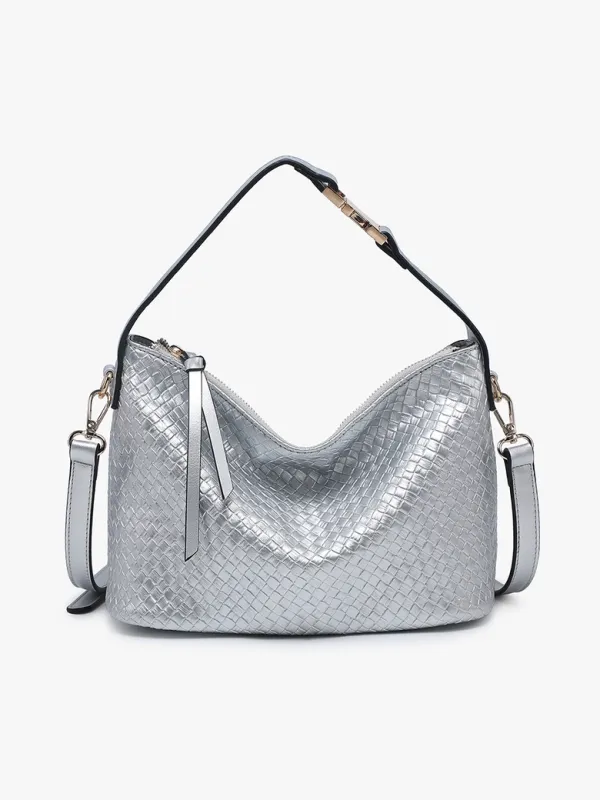 Kinsley Faux Woven Satchel w/ Top Zip Closure &amp; Crossbody Strap-Silver