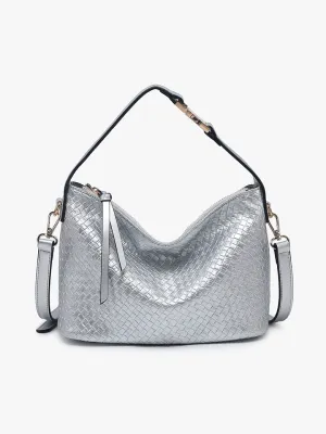 Kinsley Faux Woven Satchel w/ Top Zip Closure &amp; Crossbody Strap-Silver
