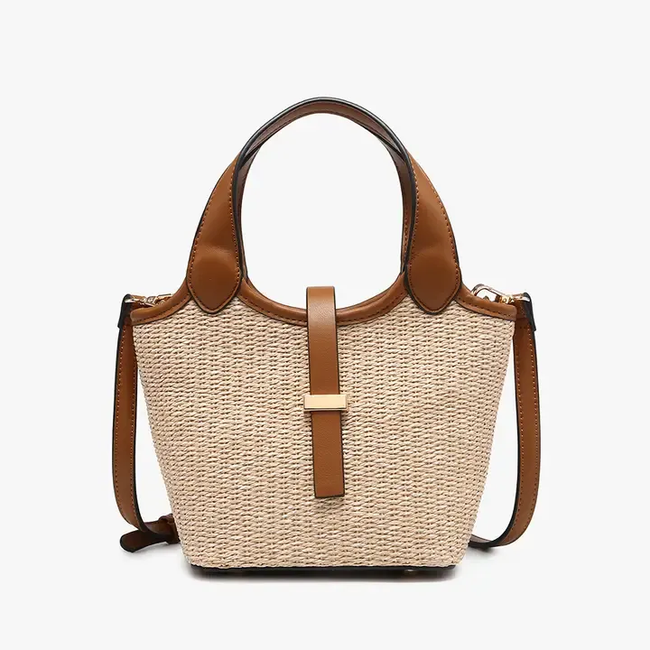 Serenity Straw Bucket Bag w/ Dual Handles &amp; Strap Closure-Natural/Brown