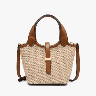 Serenity Straw Bucket Bag w/ Dual Handles &amp; Strap Closure-Natural/Brown