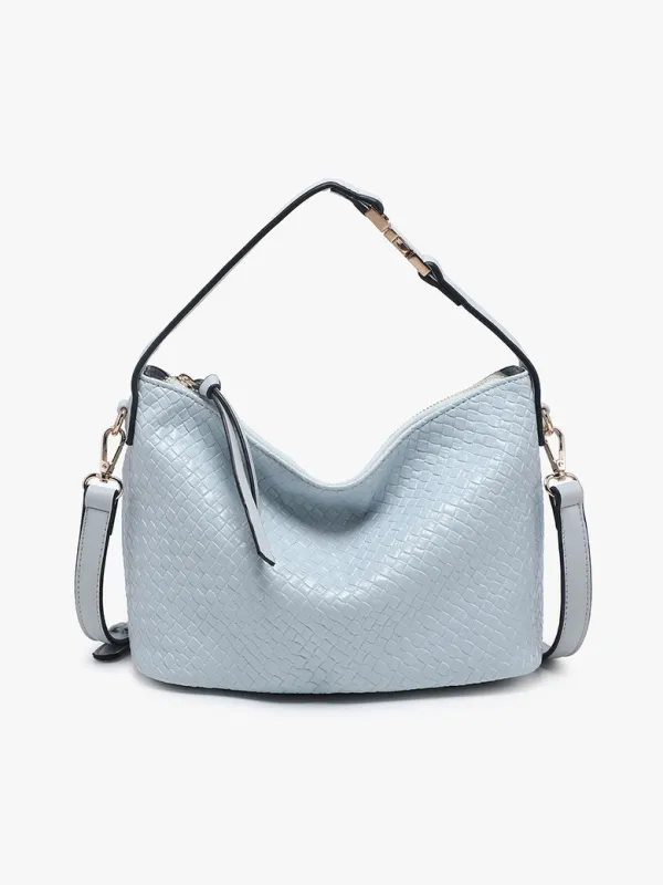 Kinsley Faux Woven Satchel w/ Top Zip Closure &amp; Crossbody Strap-Grey-Blue
