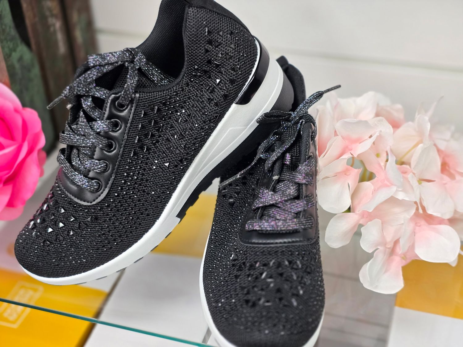 Wedge Crystal Sneaker, Color: BLACK, Size: 6