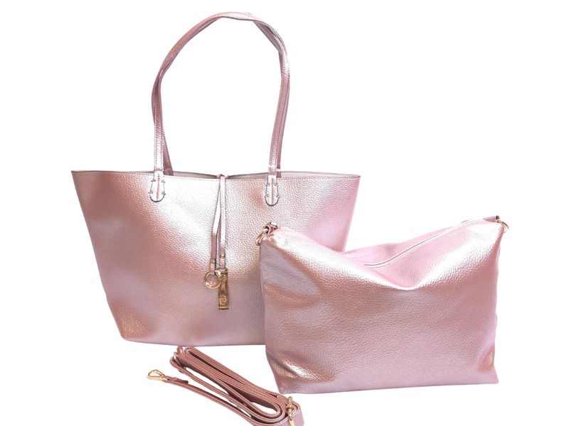 METALLIC BLUSH &amp; IVORY REVERSIBLE 2 IN 1  TOTE