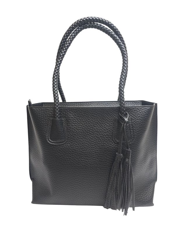 BLACK TASSEL BRAIDED HANDLED TOTE