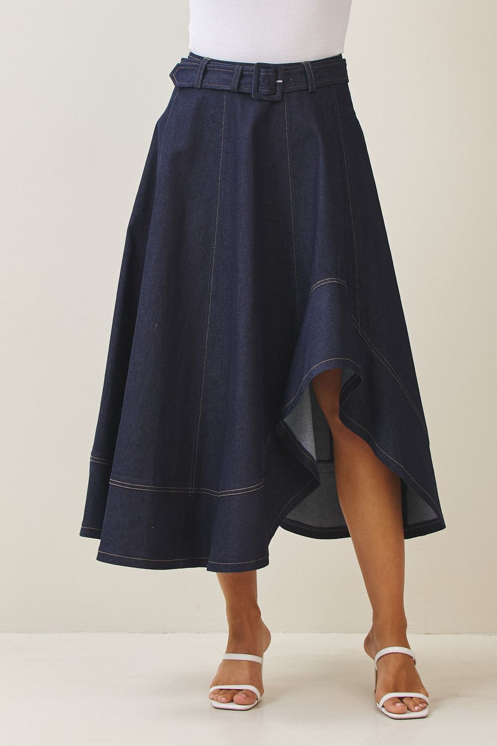 Asymmetrical Denim Midi Skirt