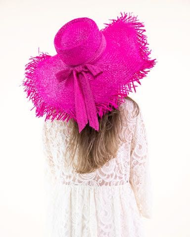 Straw Hat with Raw Edge, Color: FUCHSIA