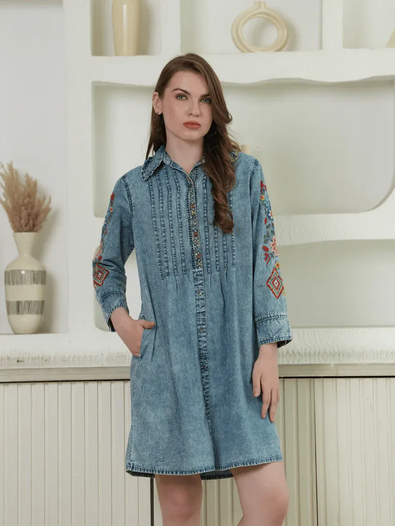 Embroidered Denim Dress
