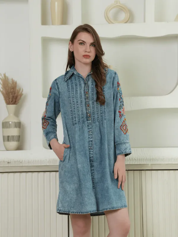 Embroidered Denim Dress