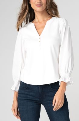 3/4 Sleeve Knit-to-Woven Top w/Smocking