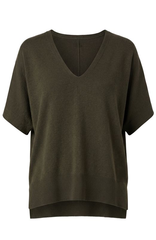Short Sleeve V-Neck Dolman Popover Sweater w/Step Hem