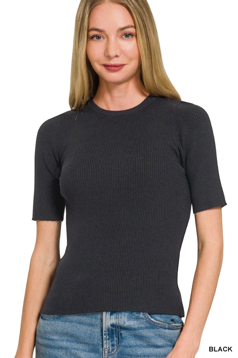 Ribbed Round Neck Sweater, Color: Black, Size: Small