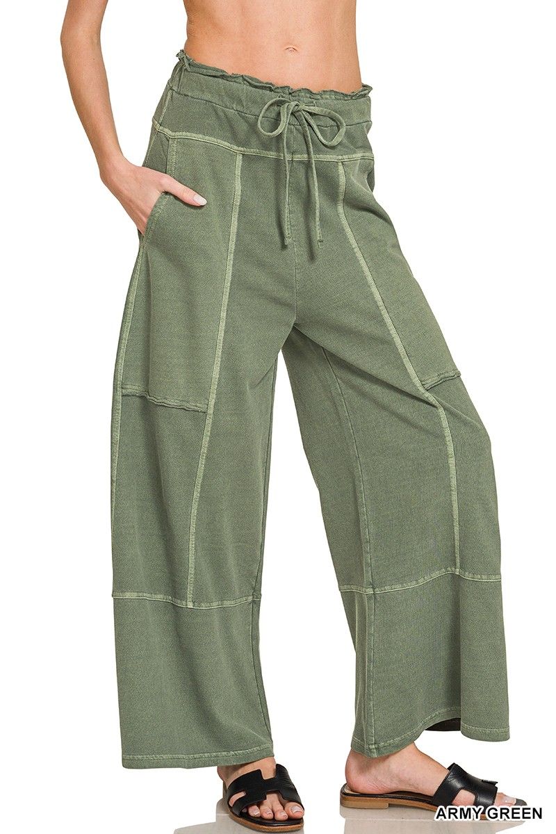 French Terry Wide Leg Pants, Color: Army Green, Size: Small