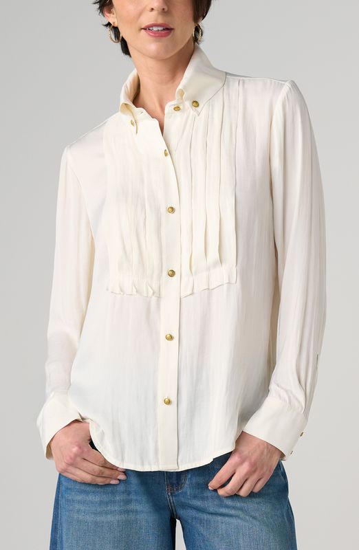 Long Sleeve Tuxedo Woven Top w/High Collar