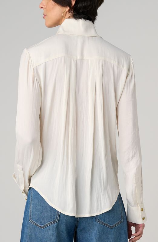 Long Sleeve Tuxedo Woven Top w/High Collar