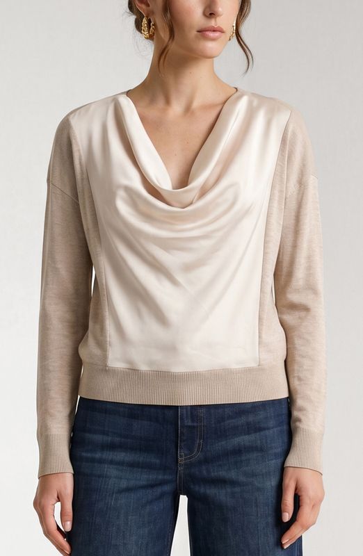 Long Sleeve Drape Neck Woven Sweater Hybrid