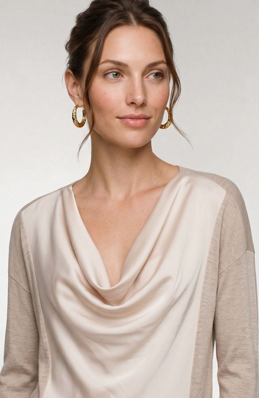 Long Sleeve Drape Neck Woven Sweater Hybrid