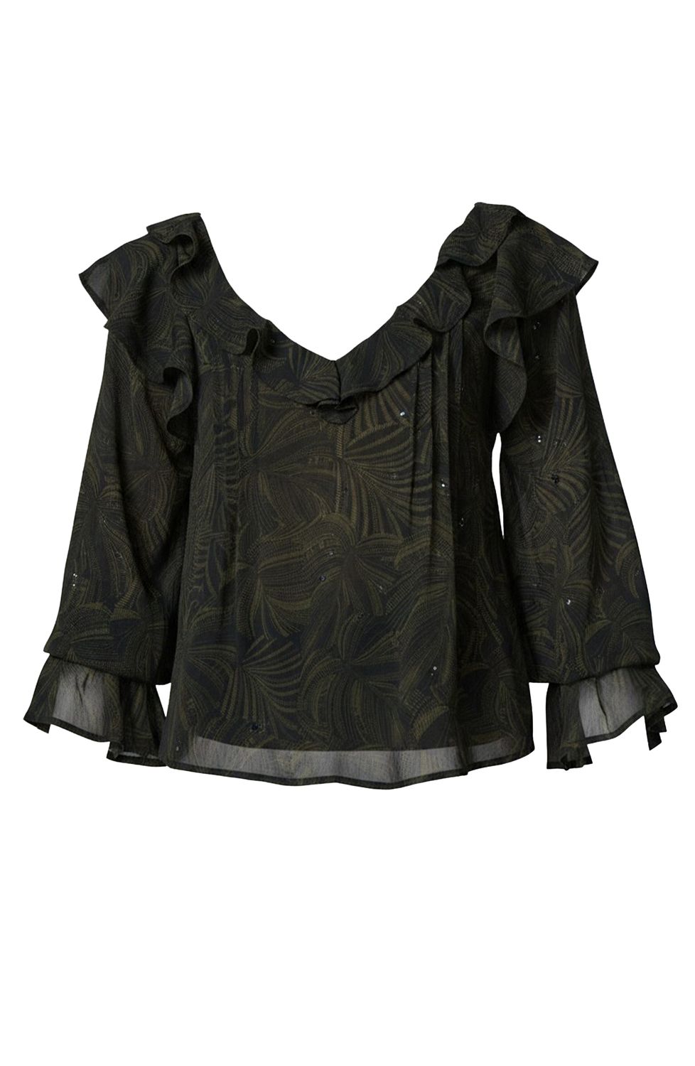 Long Sleeve Double Ruffle V-Neck Woven Blouse