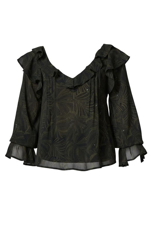 Long Sleeve Double Ruffle V-Neck Woven Blouse