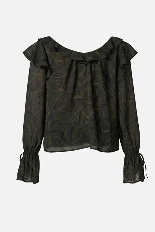 Long Sleeve Double Ruffle V-Neck Woven Blouse
