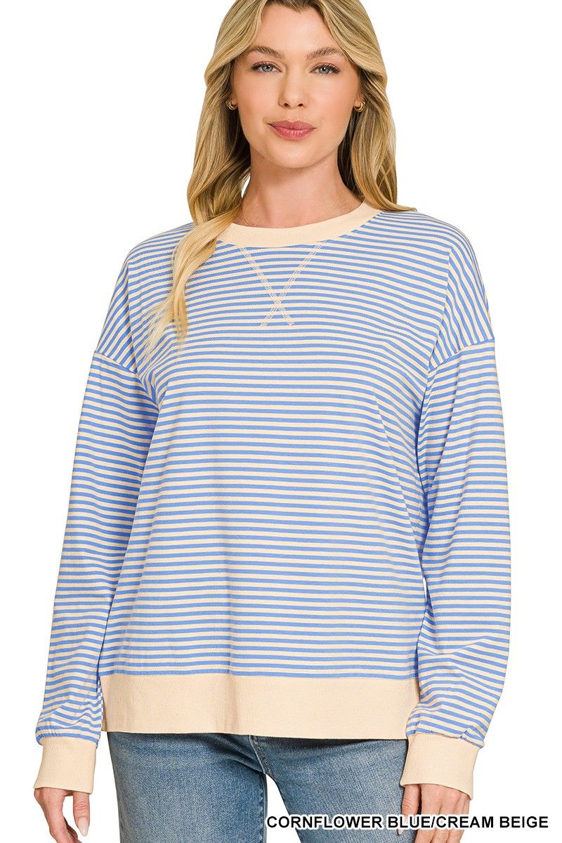 Striped Rib Banded Pullover, Color: Cornflower/Beige, Size: Small