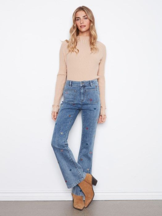 Flare Leg Pants with Embroidery